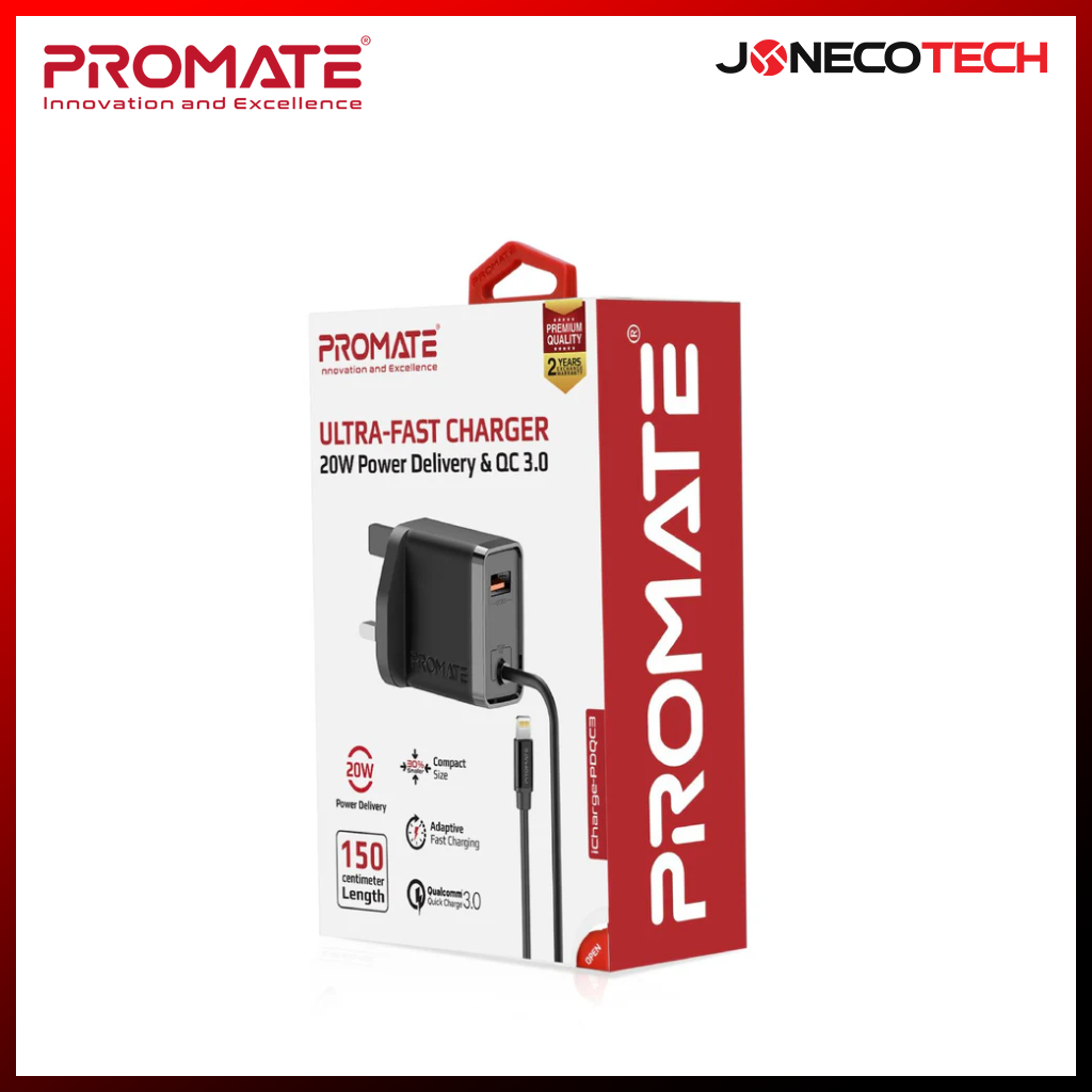 Promate PowerPort-PDQC3 33W Super Speed Wall Charger with Quick Charge 3.0 & USB-C Power Delivery