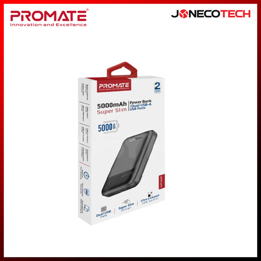 Promate VolTag-5 5000mAh Super-Slim Power Bank with Dual 2A USB Ports Black