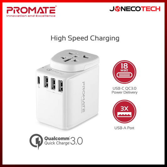 Promate Grounded Travel Adapter World's First TripMate-PD18 18W (White)