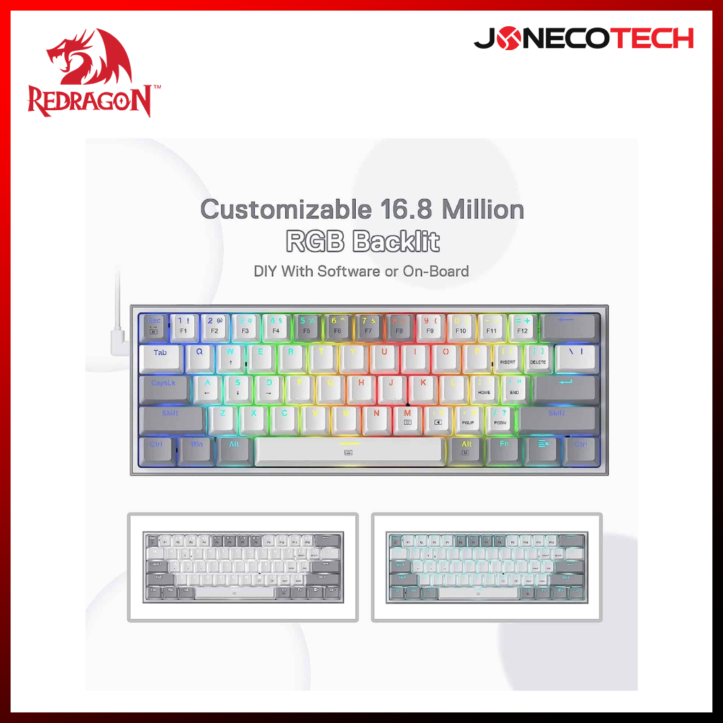 Redragon K617 FIZZ 60% Red Switch, Black/ Grey & White Case Wired RGB Gaming Keyboard