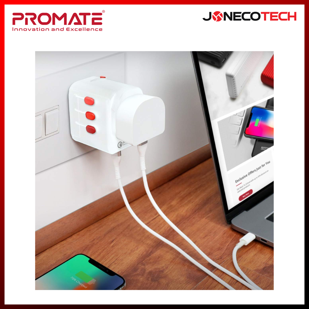 Promate Grounded Travel Adapter World's First TripMate-PD18 18W (White)