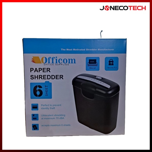 Paper Shredder 601s Strips Shredding Machine 10L Black Bin Auto/Reverse 220v Officom 6Sheet Capacity