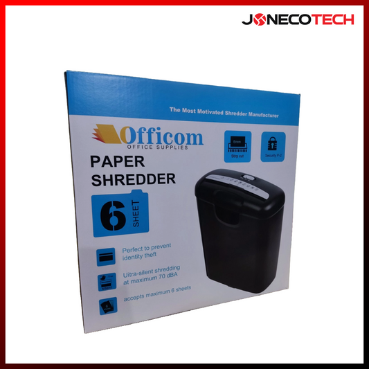 Paper Shredder 601s Strips Shredding Machine 10L Black Bin Auto/Reverse 220v Officom 6Sheet Capacity