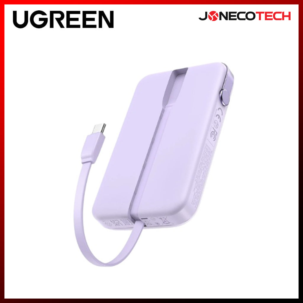 Ugreen Uno 10000mAh Quick Charging 30W Power Bank With Build-in USB-C Cable (Grey, Purple) (PB511/35603B, 35604B)