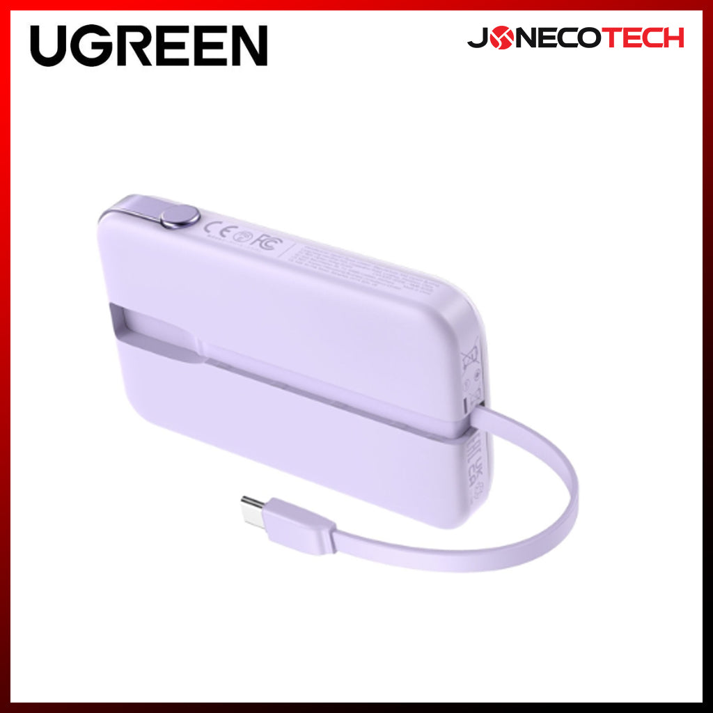Ugreen Uno 10000mAh Quick Charging 30W Power Bank With Build-in USB-C Cable (Grey, Purple) (PB511/35603B, 35604B)